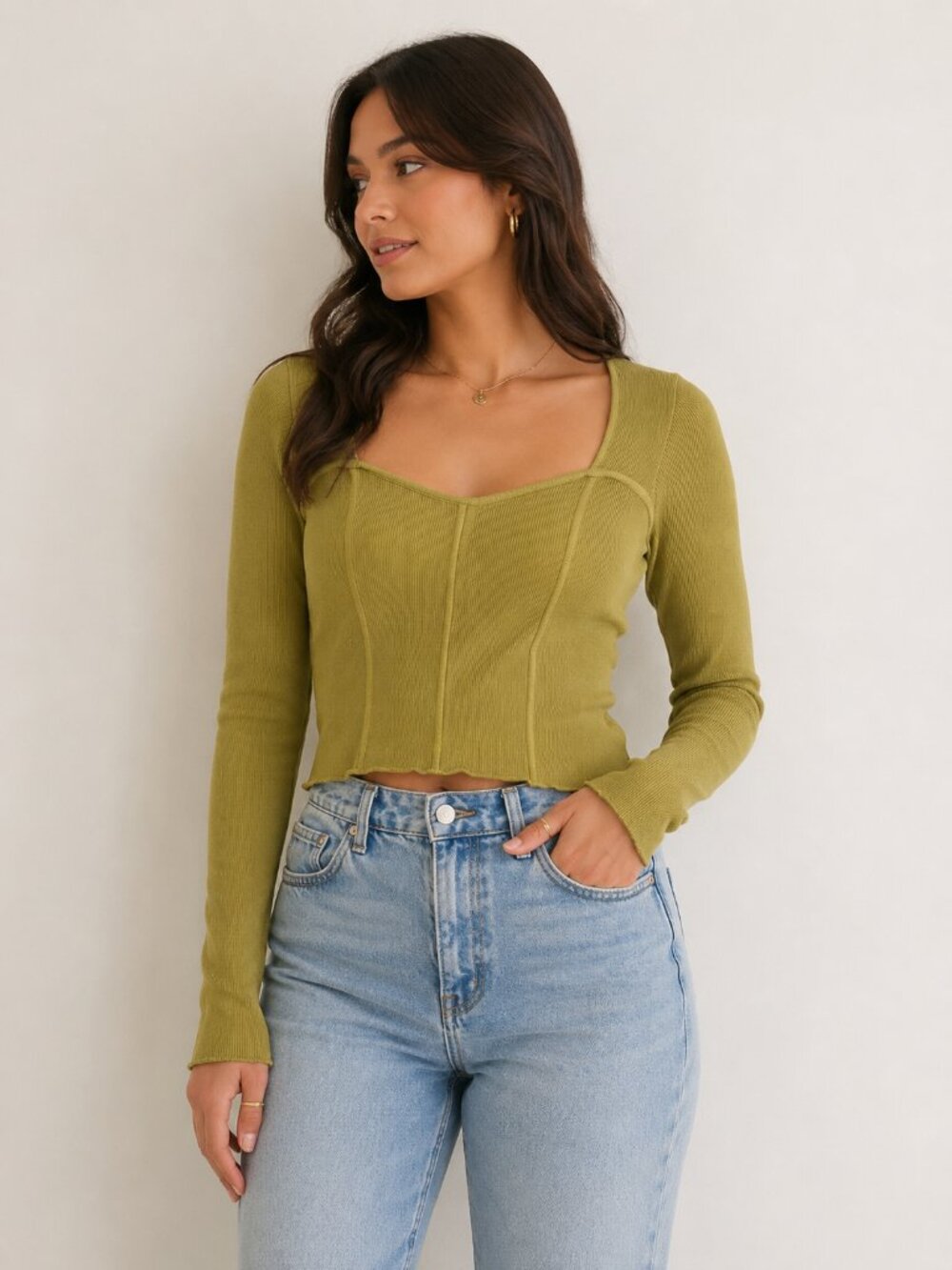 Square-Neck‎ Ribbed Long-Sleeve Top in Olive